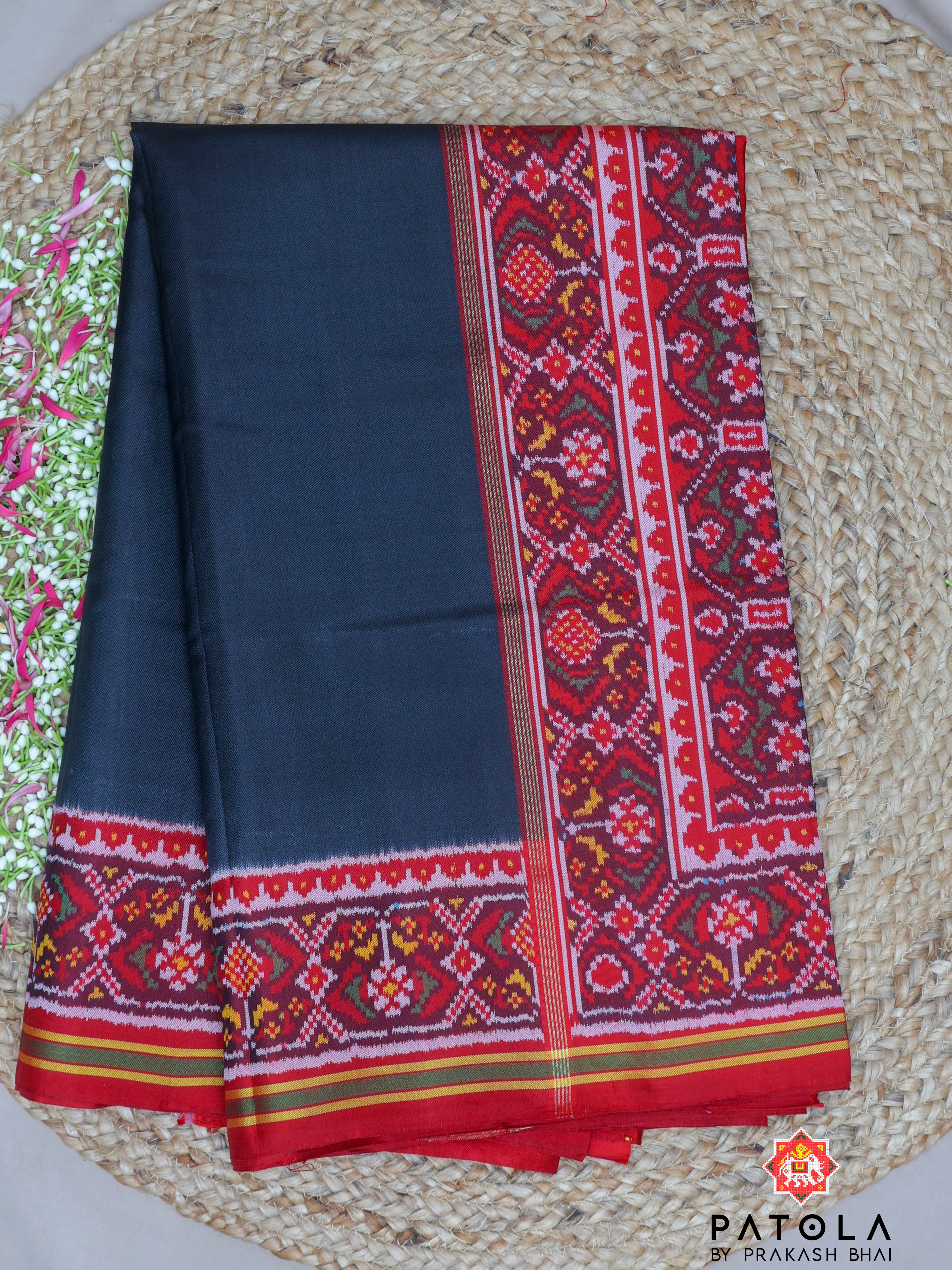 Plain Black With Patola Designer Blouse Semi Double Ikat Patola Sareee